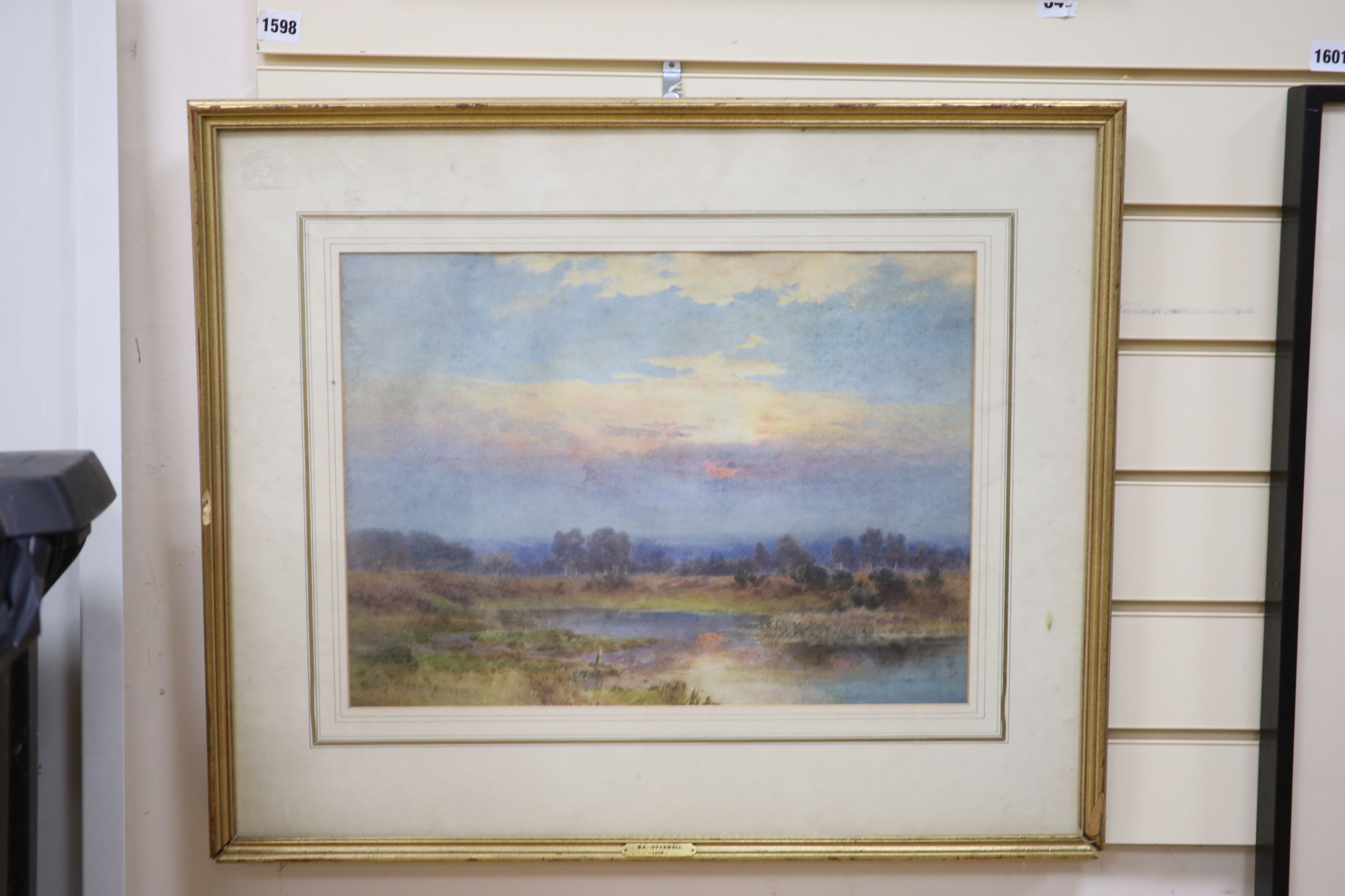 Benjamin John Ottewell (fl.1885-1913), watercolour, Open landscape at sunset, 34 x 46cm